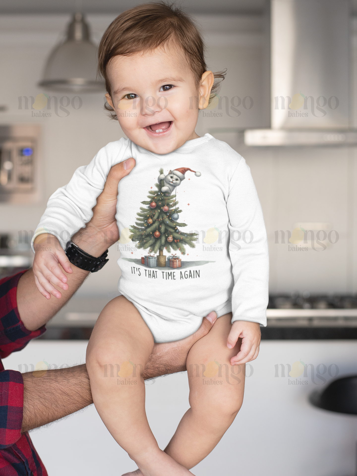 Cute cat hanging on a Christmas tree shirt with “It’s that time again” text, festive holiday design for baby, toddler, kids, and adults.