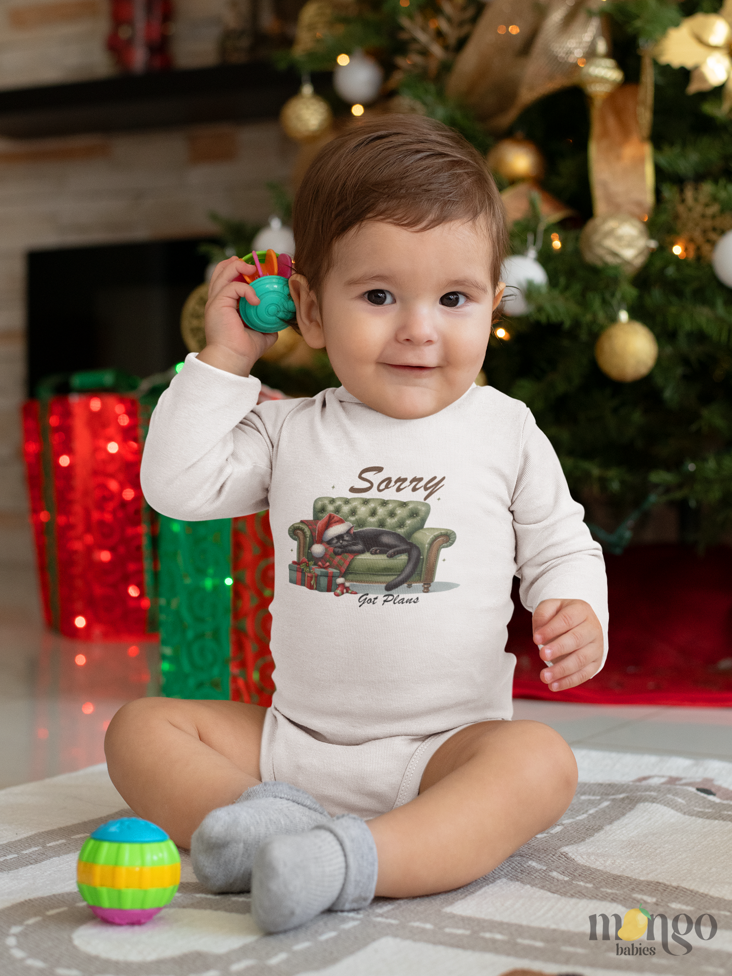 Christmas raccoon design with text “Sorry Got Plans” printed on baby onesie, toddler, and kids’ T-shirt.
