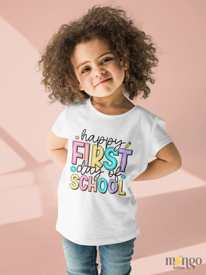 Colorful “Happy First Day of School” text printed on baby bodysuit, kids’ t-shirt, children’s sweater, and unisex adult shirt.