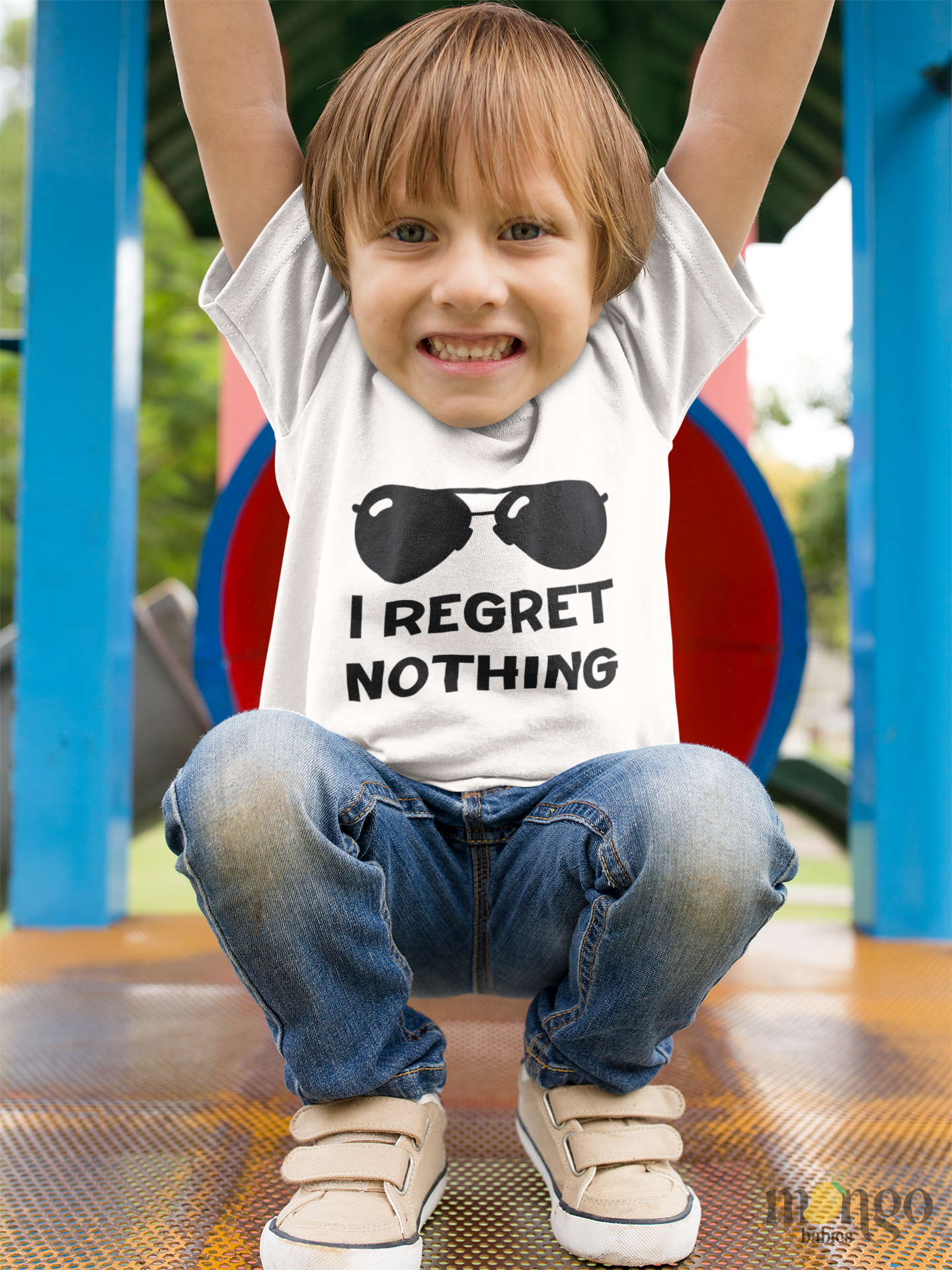 Baby onesie and kids’ T-shirts with a sunglasses graphic and text “I Regret Nothing.” Funny, casual, unisex outfit for babies, toddlers, and children.
