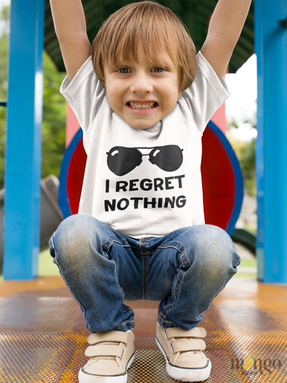 Baby onesie and kids’ T-shirts with a sunglasses graphic and text “I Regret Nothing.” Funny, casual, unisex outfit for babies, toddlers, and children.
