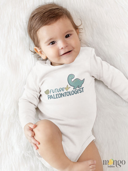 Cute dinosaur-themed baby onesie and kids’ T-shirt with “Future Paleontologist” text, perfect for toddlers and young dinosaur lovers.
