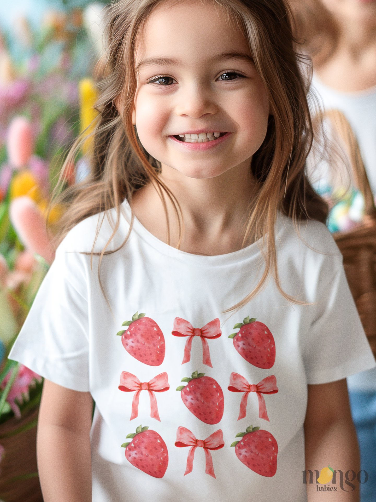 Sweet strawberry and red bow design on baby bodysuits, kids tees, sweaters, and unisex adult shirts. Soft, comfy, and perfect for matching family looks.
