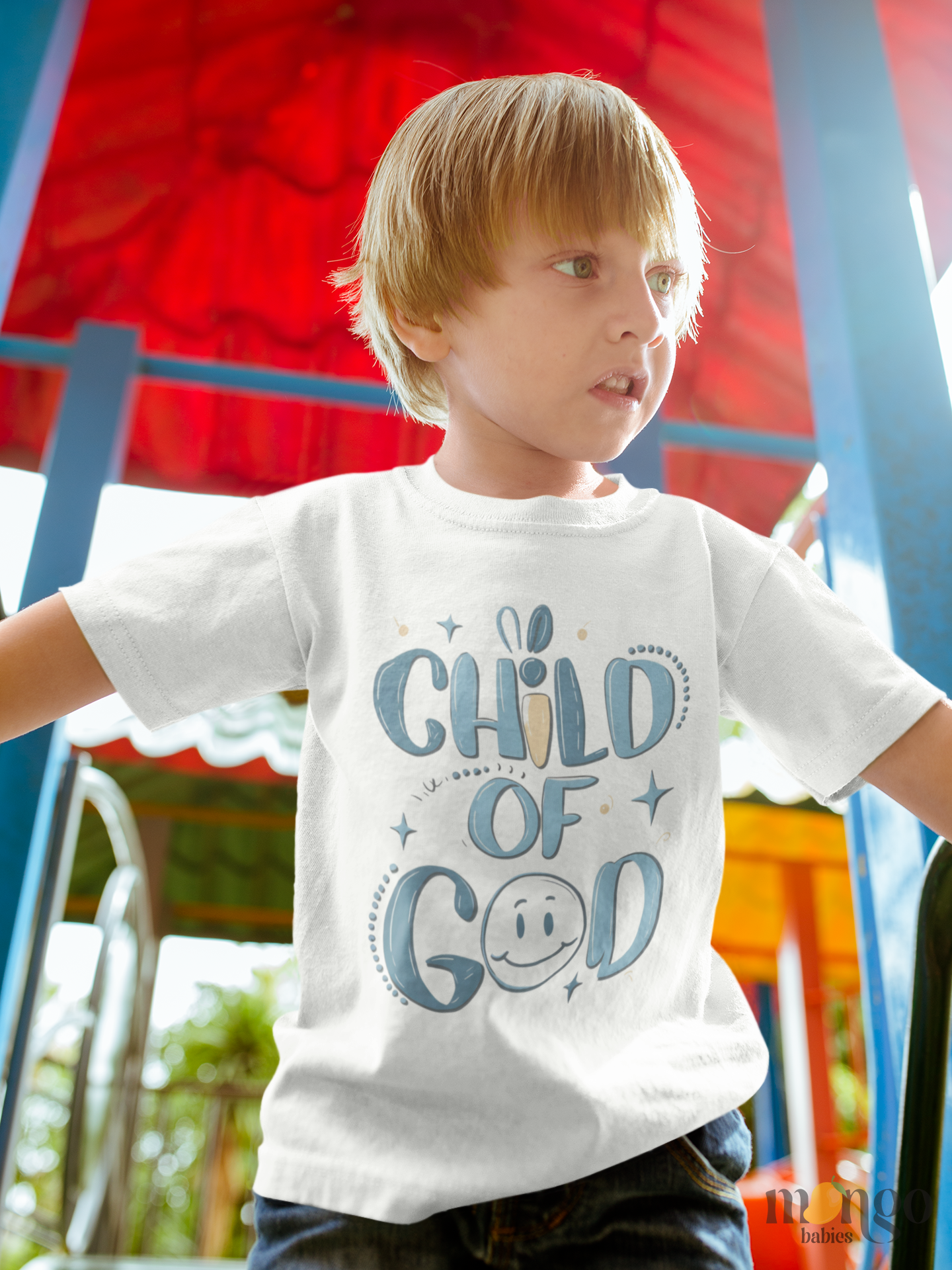 Blue-themed “Child of God” baby onesie and kids’ t-shirt design. Faith-inspired apparel available for babies, toddlers, and children.
