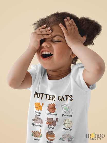 Cute Potter Cats graphic on baby onesie, kids’ t-shirt, children’s sweatshirt, and unisex adult shirt in a wizard-inspired theme.