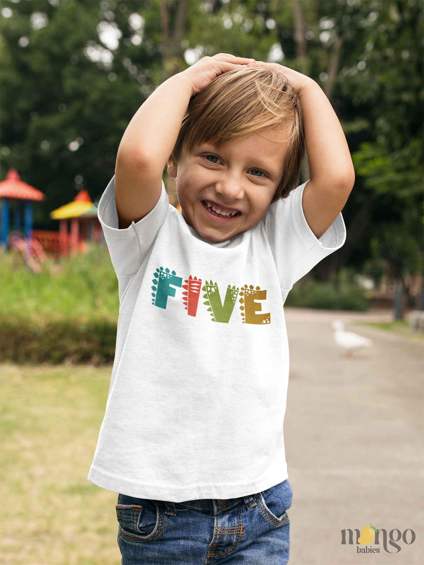 Fifth birthday shirt with dinosaur font "FIVE" design for kids and toddlers.
