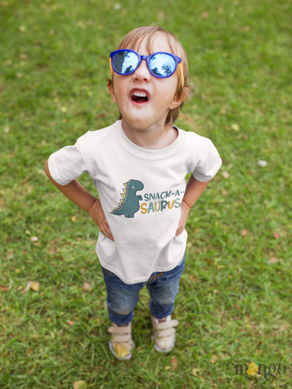 Cute “Snack-a-saurus” dinosaur design on baby onesie and kids’ t-shirt, fun snack-themed clothing for toddlers and children.
