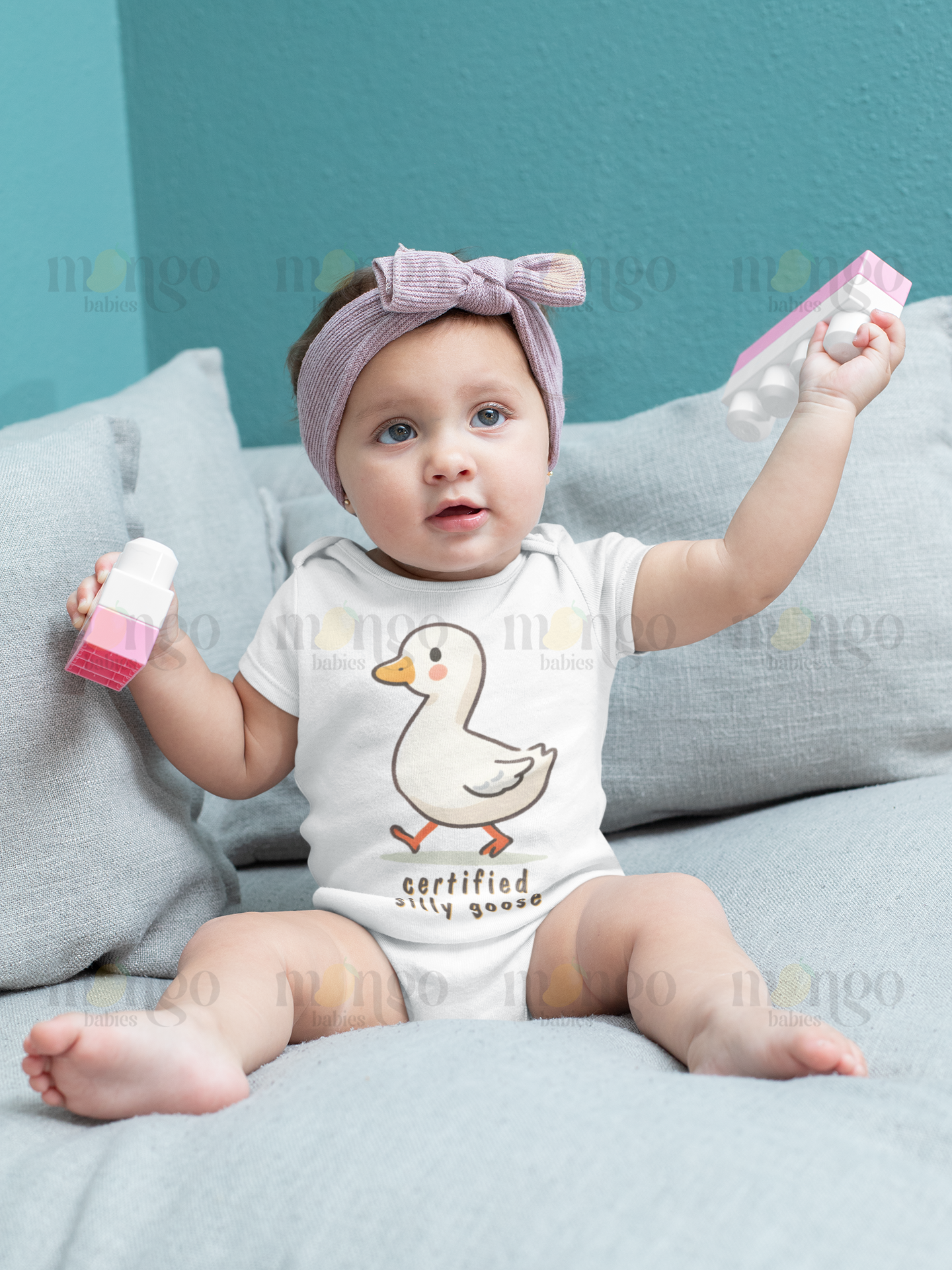 Cute goose graphic with text "Certified Silly Goose" printed on baby bodysuit, kids’ t-shirt, sweatshirt, and unisex adult shirt.